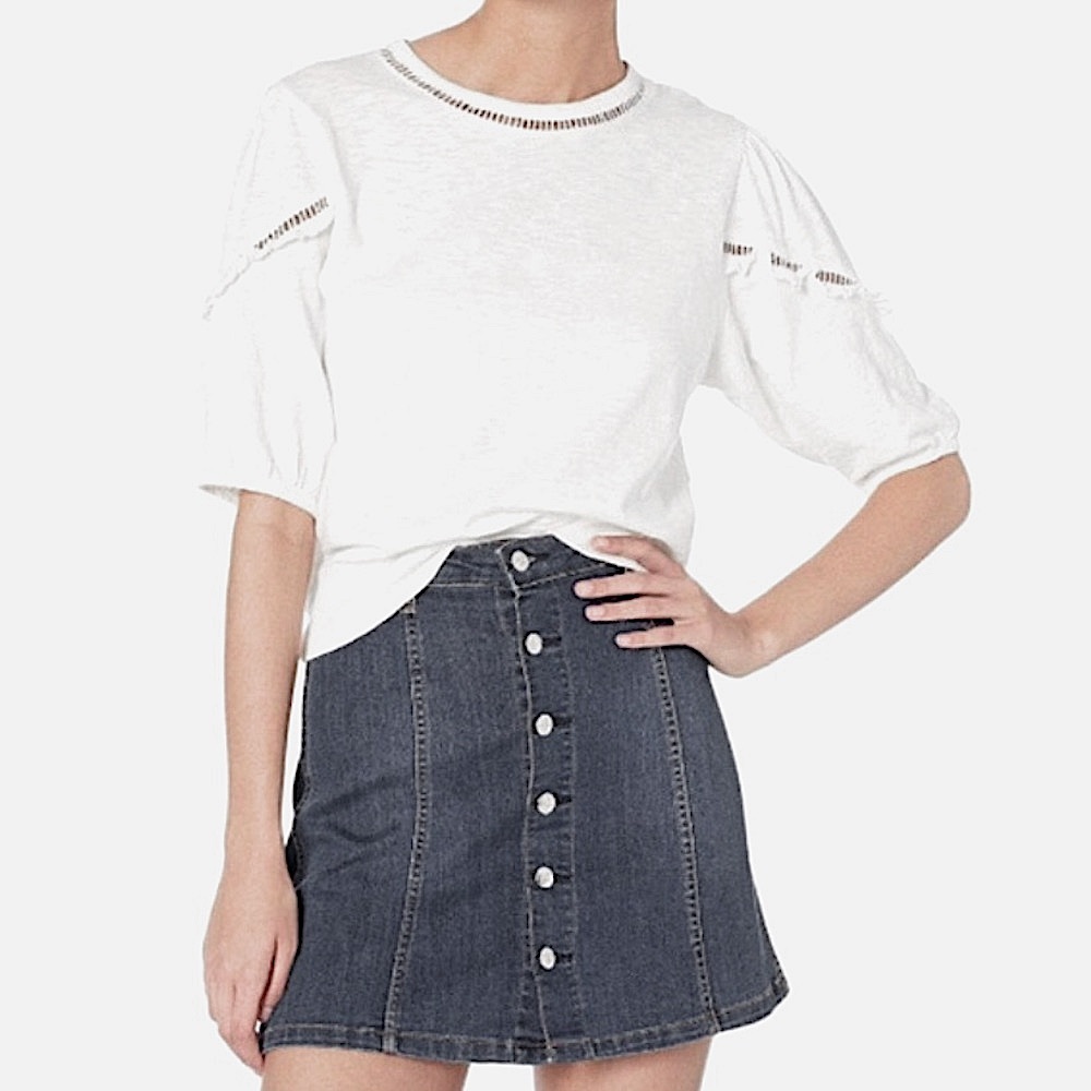 FRYE  Women’s Egret White Cotton Ruffle Puffy Short Sleeve Crew Neck T-Shirt S